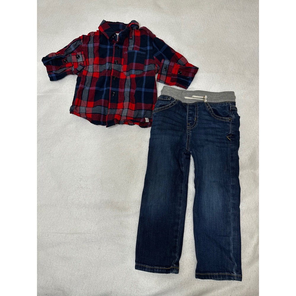 Sovereign Code Cat & Jack Outfit Boys 3T Red Plaid Shirt Blue Jeans Set Good